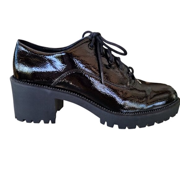 MIX NO. 6 | Black Oxford Heels Chunky Lug Sole Faux Vegan Leather Shiny Goth10 - Picture 10 of 15